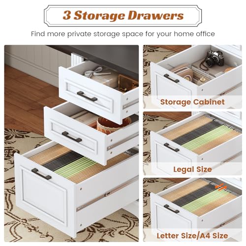 SEDETA Farmhouse 69" Executive L Shaped Desk, Home Office Desk with Drawers and Storage Cabinet & Power Outlet, Corner Computer Desk, White