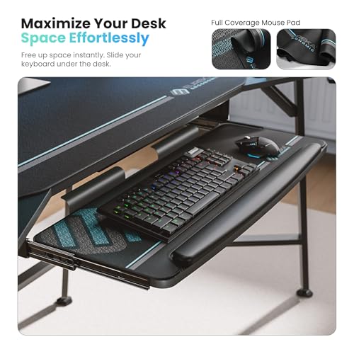 EUREKA ERGONOMIC Aero 72 Inch Gaming Desk with Keyboard Tray, Large Computer Desk Led Lights, Wing-Shaped Monitor Stand Dual Headphone Hanger Cup Holder for Studio,Streamer,Live,Black