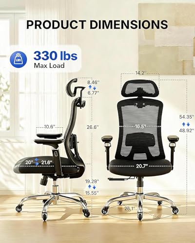 HUANUO Ergonomic Office Chair with 6D Armrest, Seat Depth Adjustment, Lumbar Support, Quiet Rubber Caster, High Back Mesh Gaming Chair with 3D Headrest, Big and Tall Desk Chair for Home Office, Black