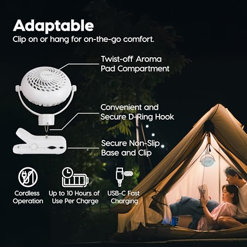 IRIS USA WOOZOO 3.5" Cordless Portable Clip On Fan, USB-C Rechargeable Fan, LED Light, Mosquito Repellent Tray, 360° Tilt, 3 Speeds,Bedside Kitchen Camping Golfing Outdoor Use, White