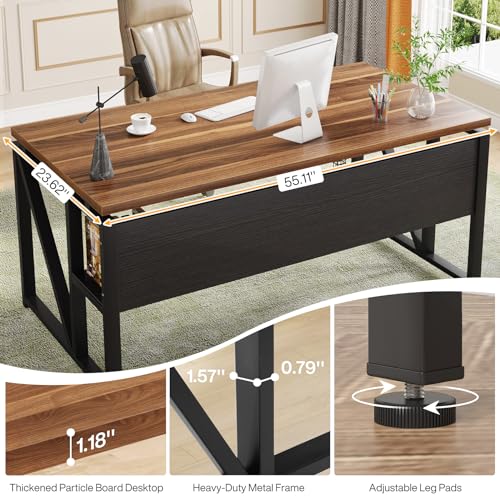Tribesigns 55 inches Computer Desk with Bottom Storage Shelf Home Office Desk Writing Table for Workstation, Dark Walnut + Steel Leg, Cabinet not Included (Walnut, 55-inch -with Shelf)