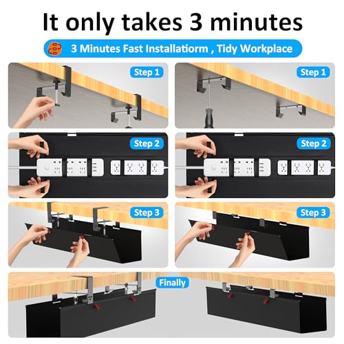 Cotohim Under Desk Cable Management Tray - Under Desk Cord Management - Clamp/Screw Mount - Fabric Wire Management - Cable Raceways Tray Cord Hiders for Office/Home (Black, 35.8"×5.6")