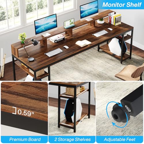 Tribesigns Two Person Desk with Monitor Stand, 78.74" Long Double Computer Office Desk with Storage Shelves, Large Gaming Study Writing Table Workstation for Home Office (Rustic Brown)
