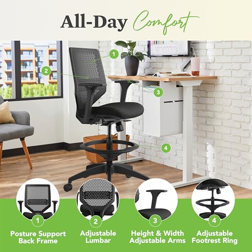 HON Solve Standing Desk Chair with Breathable ReActiv Mesh Back, Adjustable Lumbar Support and Footring, Ergonomic Task Stool with Height Adjustable Arms for Sit‑Stand Workstations, Black