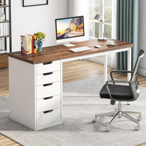Tribesigns Computer Desk with 5 Drawers, 47 inches Rustic Brown Home Office Desk with Storage, Modern Simple Laptop Desk Study Writing Table for Small Spaces (1, Brown+White)