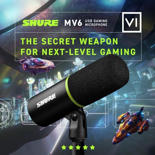 Shure MV6 USB Gaming Microphone for Streaming, Podcasting & Recording - Dynamic USB-C Mic with Voice Isolation, Auto Level Mode, DSP Audio Control & Headphone Monitoring, Black