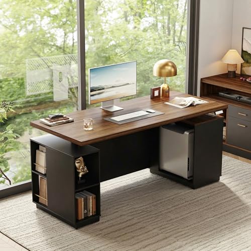 ModernMate 71" Electric Standing Executive Desk with Privacy Panel, Large One-Piece Height Adjustable Stand Up Desk, Power Outlet & Storage for Home Office, Black Walnut