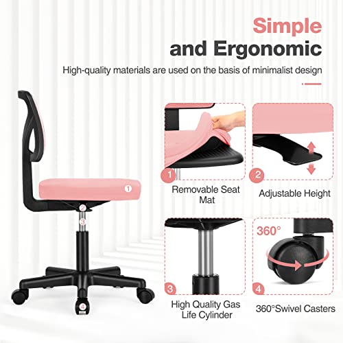 Sweetcrispy Small Desk Chair, Ergonomic Low-Back Mesh Rolling Work Swivel Chairs with Wheels, Armless Comfortable Seat Lumbar Support for Home, Bedroom, Study, Student, Adults,Classic Pink