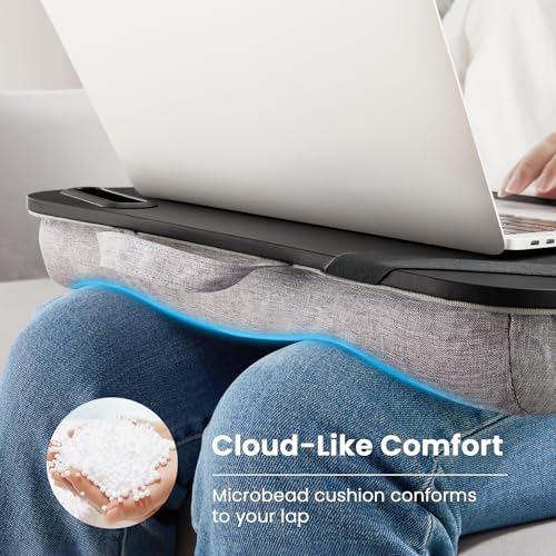 HUANUO Laptop Lap Desk, Fits up to 15.6-Inch Laptops and Tablets, Portable Lap Desk with Cushion, Phone Holder and Storage Bag, Black Lapdesk for Home Office or Dormitory