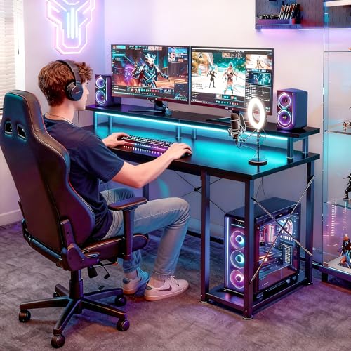 ODK 48 inch Gaming Desk with LED Lights, Computer Desk with Monitor Stand & Storage Shelves, CPU Stand, Home Office Desk, Black