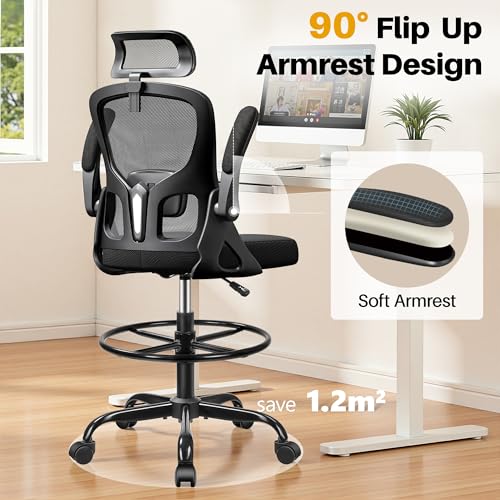 FINATI Drafting Chair, Tall Office Chair for Standing Desk, Ergonomic High Back with Headrest, Lumbar Support, Foot Ring and Flip-up Armrests, Black