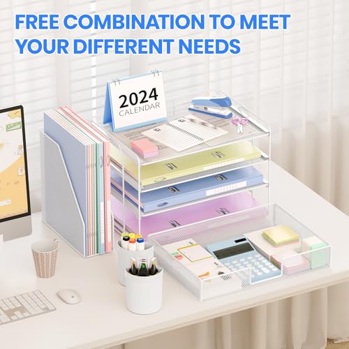 OPNICE Desk Organizer, 4-Tier Desktop File Organizer with Drawer and 2 Pen Holders, Office Desk Accessories, File Sorters, Workspace Organizers for Office Supplies(White)