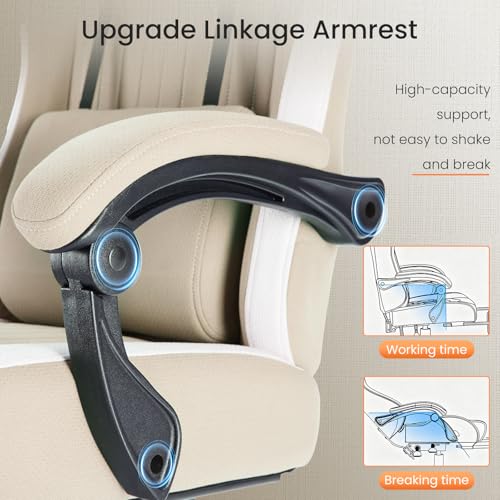 Sweetcrispy Computer Gaming Chair - High Back Ergonomic Desk Chair with Footrest and Lumbar Support, Height Adjustable Task Chair with Linkage Armrests and Headrest, 360°Wheels, Fabric, Khaki