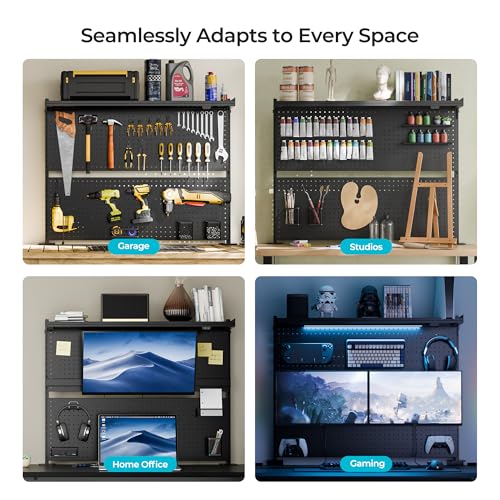 EUREKA ERGONOMIC Metal Pegboard, 43x34inch Clam on Desk Pegboard with Dual Monitor Stand, Garage Pegboard with 4 Accessories, Desk Shelves for Tool organizer, Office, Gaming Desk, Workbench, Black