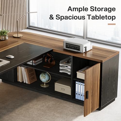 Tribesigns 79-Inch Executive Desk, Large Office Desk with Cabinet, L-Shaped Compter Desk with Storage Shelves, Writing Table for Home Office, Brown and Black