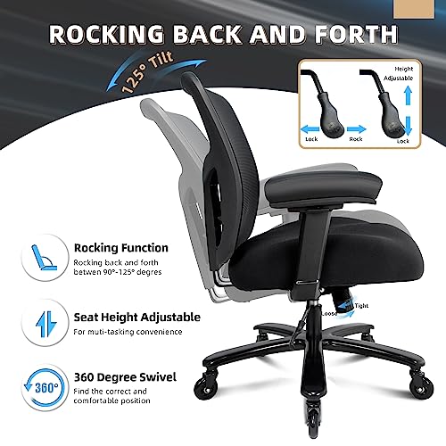 Coolka 500LBS Big and Tall Office Chair with 4D Armrests & Adjustable Backrest, Heavy Duty Office Chair for Heavy People, Memory Foam Seat Filling Springs, Black