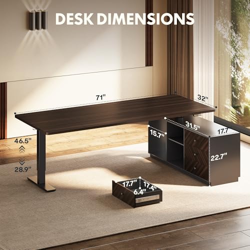 FLEXISPOT L Shaped Executive Standing Desk with Drawers, Large Electric Height Adjustable Desk, Sit Stand Desk for Home Office and Workstation, PC Cabinet (71"x32" Black Walnut)
