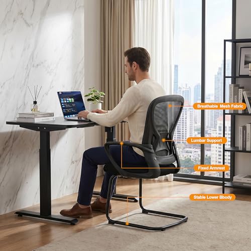 BOWTHY Waiting Room Chairs Set of 10,Office Guest Reception Chair No Wheels,Mesh Conference Room Chairs with Sled Base,Ergonomic Computer Desk Chair with Lumbar Support,Black