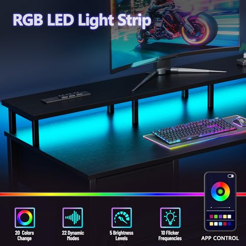 Korfile 47 Inch Gaming Desk with Power Outlets and LED Lights, Reversible Computer Desk with 5 Fabric Storage Drawers, Home Office Desk with Monitor Stand for Working Writing Study, Black