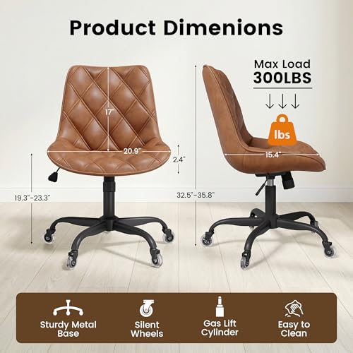 Armless Office Chair, Mid Back Modern Desk Chair with Rubber Wheels, 360 Swivel PU Leather Office Chair No Arms, Adjustable Height Small Computer Chair, Armless Desk Chair for Office, Brown