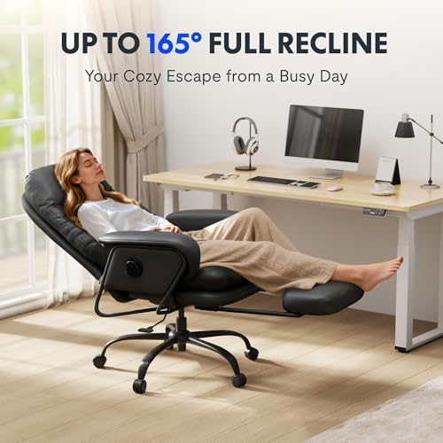 FLEXISPOT Multi-Task Ergonomic Office Chair with Footrest Computer Desk Chairs Indoor Lounge Chair with 90-165° 4-Level Reclining, Chairs for Working Relaxing Sleeping, PU Leather+Iron Base, Black