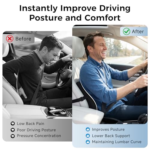 TISHIJIE Lumbar Support Pillow for Car & Office Chair - High-Density Memory Foam Back Cushion for Sciatica & Lower Back Pain Relief - Non-Slip Support for Long Commutes & Desk Workers (Black)