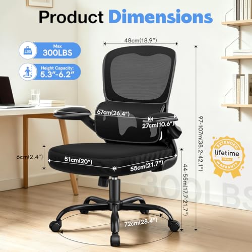 ALLGOD Ergonomic Office Chair, Breathable Mesh Ergonomic Desk Chair with Adjustable Lumbar Support, Flip-up Armrests, Computer Chairs Comfortable for Home, Office, Work, 300lbs, Black, Upgrade
