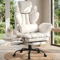 Flip Armrests Criss Cross Office Chair, Reclining Office Chair with Foot Rest, Adjustable Headrest, Massage Waist Pillow, Cross Legged Big and Tall Desk Chair Wide Seat Vanity Chair, PU Leather White