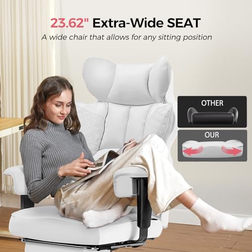 GTPLAYER Big and Tall Gaming Chair 400lbs Heavy Duty Office Chair with Foot Rest & Ergonomic Pocket Spring Lumbar Support, High Back Executive Computer Desk Chair for Lower Back Pain Relief, White