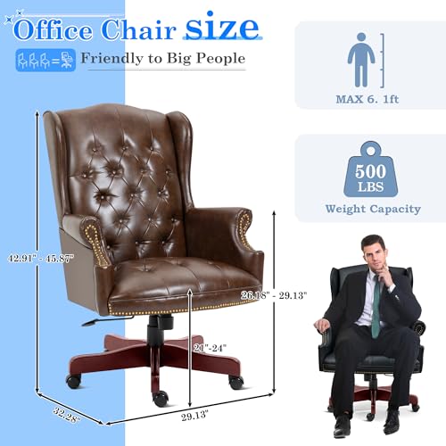 Big and Tall Executive Office Chair, Ergonomic 360° Swivel Recliner Chair, Retro Brown Faux Leather Home Office Desk Chairs w/Button Tufted Wingback Comfy Luxury Heavy Duty 500 Lb & Height Adjustable
