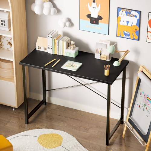 Sweetcrispy Computer Office Desk 48 Inch Student Study Writing Work with Metal Frame Wood Tabletop Modern Simple PC Home Bedroom Table - Basic Black, Compact Sturdy Desk for Laptop, Study, Gaming