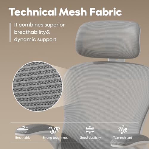 SeekFancy Ergonomic Office Chair M903, Computer Desk Chair with Wheels, High Back Mesh Office Chair with Adjustable Lumbar Support, Headrest, Flip-Up Armrests, White Grey
