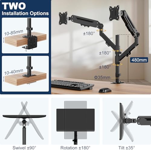 STANDOPIA Dual Monitor Mount for 17 to 40 inches, Holds up to 26.4 lbs, Monitor Desk Arms for 2 Monitors Vertical/Parallel Placement, with Clamp/Grommet Base, VESA Mount 75/100 mm