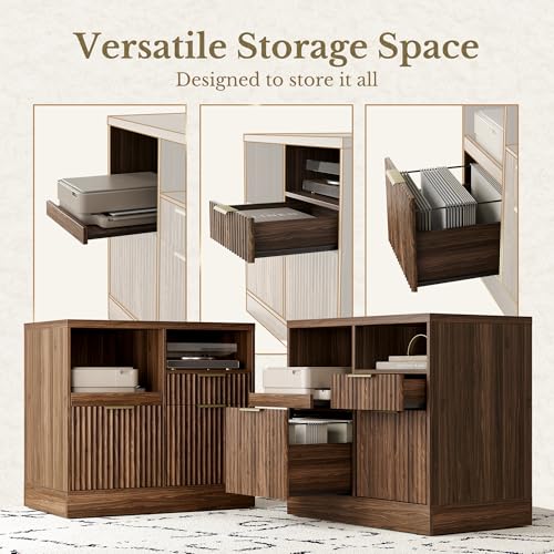 Perledesign 3 Drawer File Cabinet, Fluted Wood Lateral Filing Cabinet with Charging Station for Home Office, Fits for A4/Letter-Sized Files, Printer Stand with Open Storage Shelves, Black Walnut