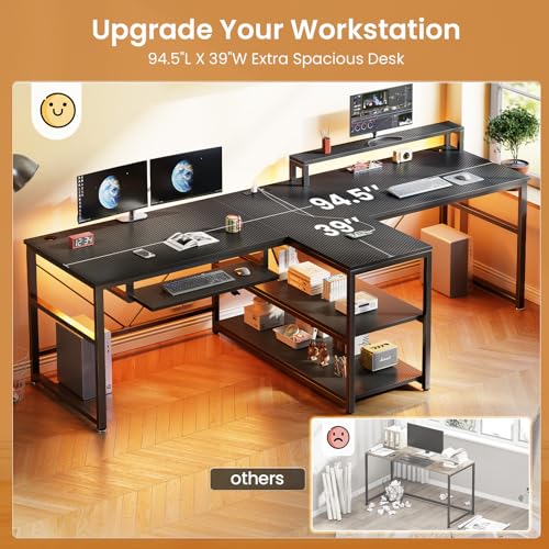 SEDETA 94.5" Gaming Computer Desk, 2 Person Office Desk with Storage, LED Lights, Power Strip, Long Desks with Keyboard Tray & Monitor Stand for Home Office, Carbon Fiber Black