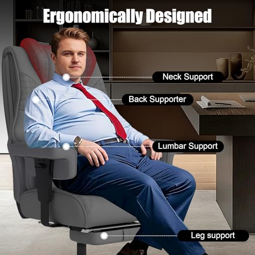 400lbs Big and Tall Office Chair, Wide Ergonomic Leather Executive Chair for Heavy People with Foot Rest, High-Back Reclining Computer Chair with Swivel Wheels and Lumbar Support (Gray)