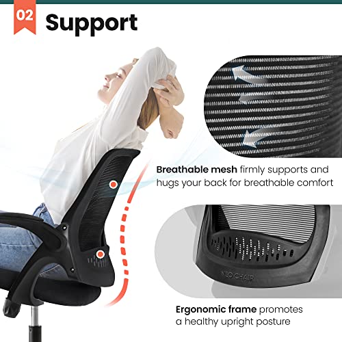 NEO CHAIR Office Desk Gaming Ergonomic Computer Chair with Lumbar Back Support Adjustable Height Swivel Rolling Wheels Flip-up Arms Mesh Chair for Home Vanity (Black)