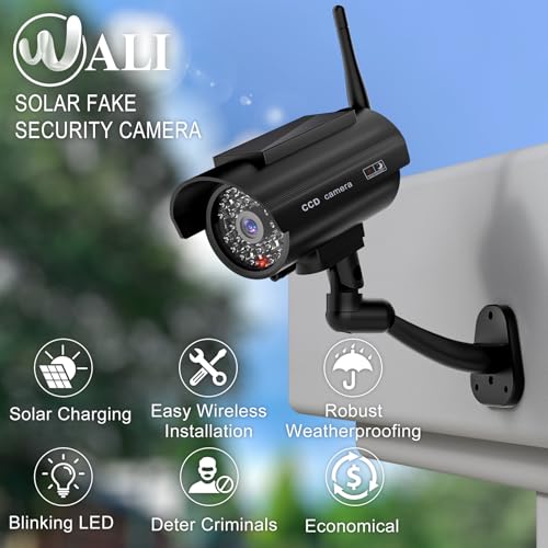 WALI Dummy Fake Camera, Solar Powered Fake Security Camera with LED Light, Simulated Surveillance Security CCTV Dome Cameras with Antenna and Warning Sticker Indoor Outdoor (SOL-TCB4), 4 Packs, Black