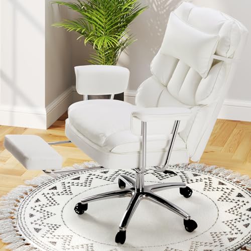 DUMOS Home Office Desk Executive Chair - Ergonomic Big Tall High Back with Footrest & Lumbar Support, Reclining Height Adjustable, Comfy PU Leather Computer Gaming with Swivel Wheels, White