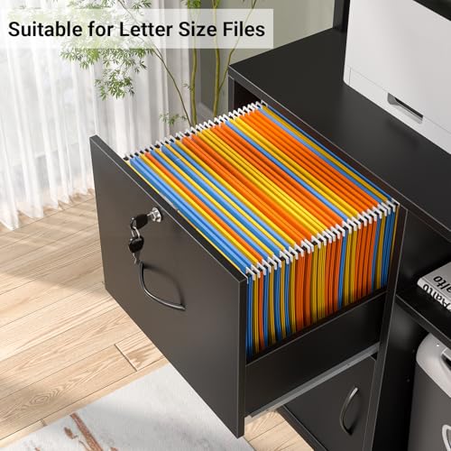 Homieasy Vertical Filing Cabinet with Bookshelf for Home Office, File Cabinet with Shelves, Lock & Charging Station, Drawer Office File Cabinets with Printer Stand, fits Letter Size, Black