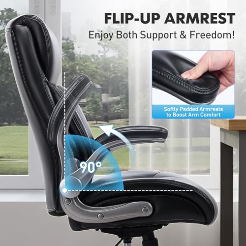 MALOL Ergonomic High-Back Executive Office Chairs, Heavy Duty Home Computer Chair with Lumbar Support, Flip-Up Arms, and PU Leather Upholstery, Black