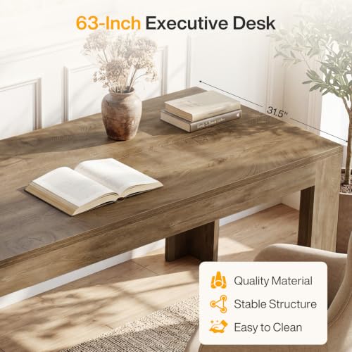 Tribesigns 63-Inch Office Desk, Modern Executive Desk with Large Tabletop, Wooden Computer Desk, Long Workstation for Home Office, Light Brown