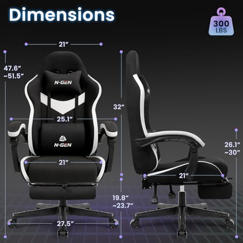 N-GEN GAMING Gaming Chair Video Game Computer Office Desk Use Ergonomic Reclining Backrest Adjustable Armrests Lumbar Support Footrest High Density Foam Breathable Fabric Heavy Duty Base (Black)