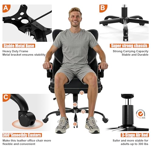Ergonomic Office Chair with Flip-up Armrests, 300lbs Mid Back Computer Office Desk Chair with Lumbar Support, Executive Leather Chair with Rocking Function Adjustable Height for Home Office