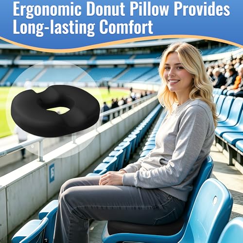 Donut Pillow Stadium Seat Cushion for Tailbone Pain Relief and Hemorrhoids, Memory Foam Seat Chair Cushion for Postpartum Pregnancy, Portable Seat Cushions for Bleachers, Car, Home & Office, Black