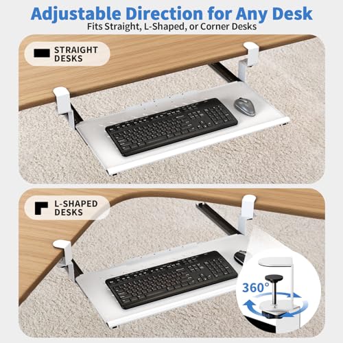 Strifuture Keyboard Tray Under Desk - Full Metal Slide Out Holder, Rust-Resistant & Scratch-Proof, Double C-Clamps, 26x13" Tray for L Shape/Regular Desks, Standing/Sitting Workstation(White-A)