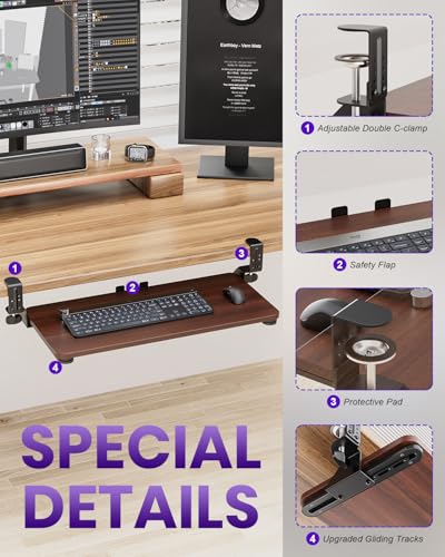 Zontera Ergonomic Mouse & Keyboard Tray Under Desk, Pull Out with Adjustable C-clamp, 20 (25.9 Including Clamps) x 11.8 Inch Slide Out Computer Keyboard Drawer Mouse Tray for Typing, Walnut