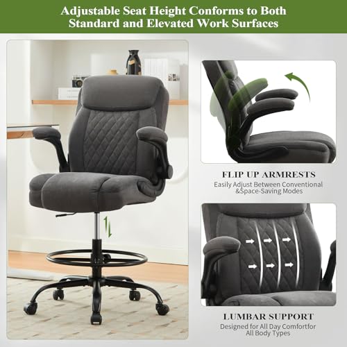 Drafting Chair Tall Office Chair for Standing Desk, Ergonomic Tall Desk Chair with Adjustable Foot Ring, Flip-Up Armrests, Lumbar Support, Comfortable Fabric Seat – Ideal for Home and Office Use