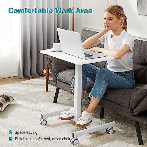 DUMOS Mobile Small Standing Desk, Portable Rolling Laptop Desk with 2 Lockable Wheels, Adjustable Height Computer Workstation for Home Office, 19 Inch White