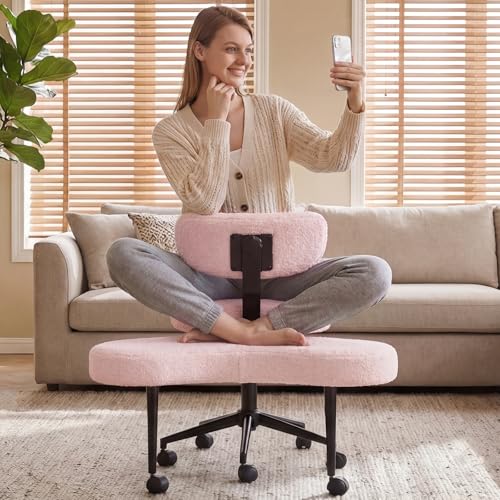 DUMOS Ergonomic ADHD Cross Legged Office Desk Chair with Adjustable Backrest, Height Adjustable Meditation Chair with 360° Swivel Footstool, Teddy Fabric Yoga Stool for Home Office, Pink